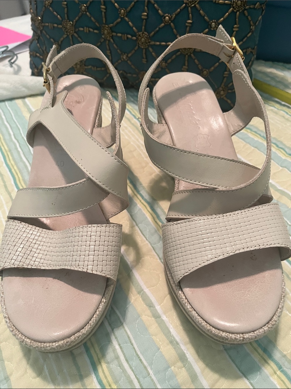 Women’s Cream Strappy Wedge Sandals with Textured Toe Strap